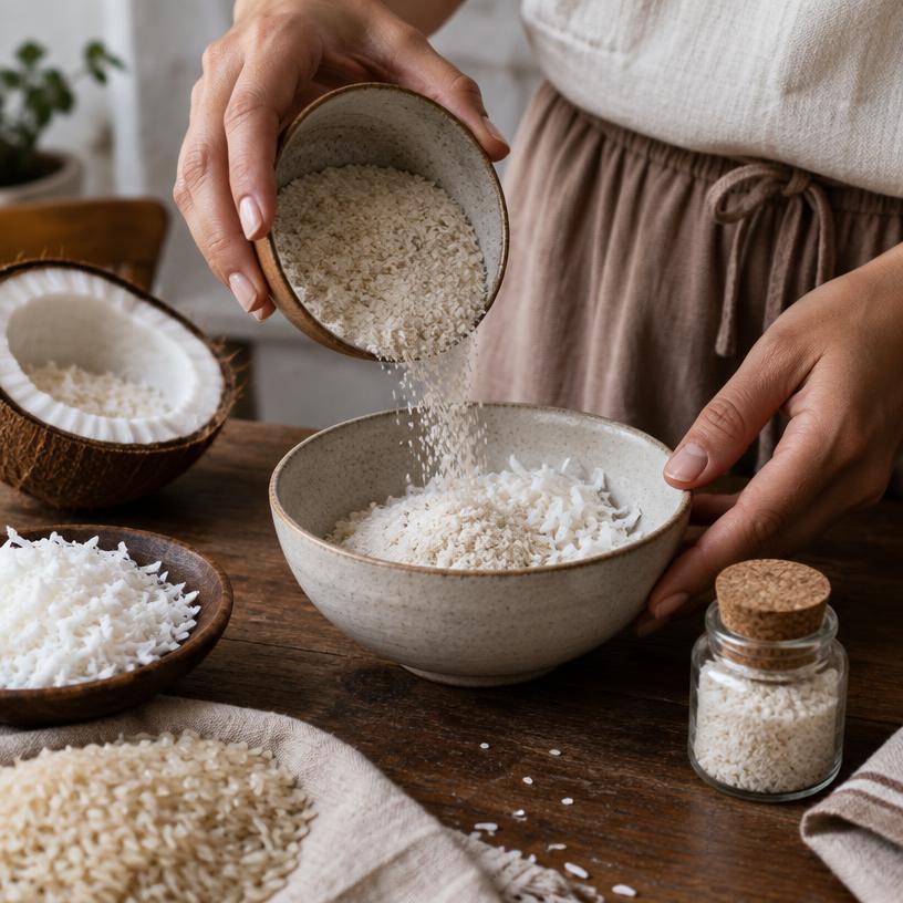 Mãos acrescentando arroz e coco a uma mistura caseira