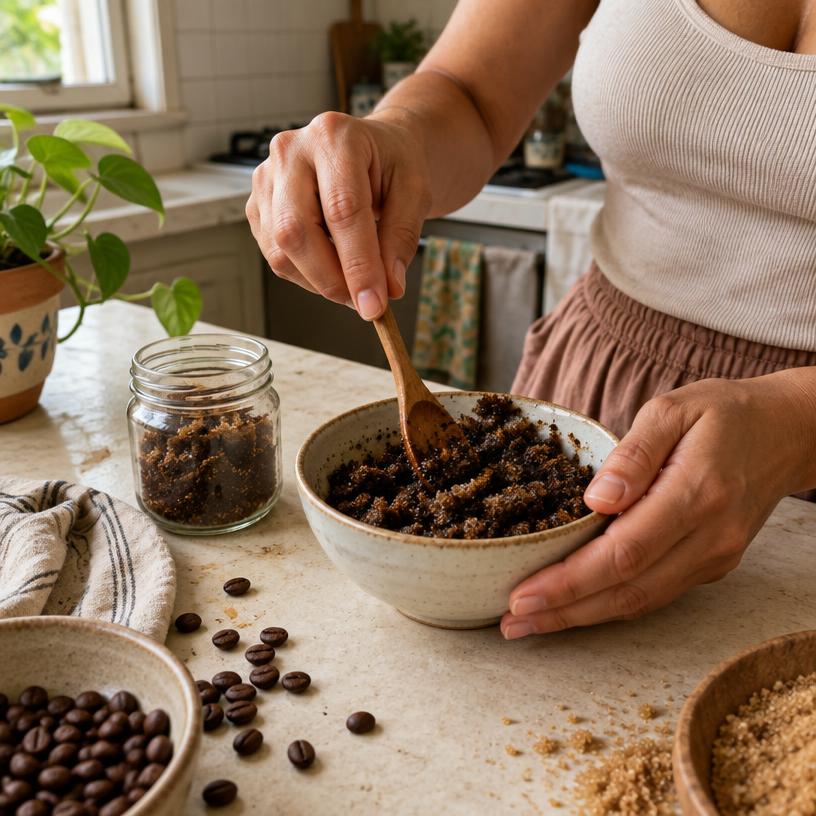 Mãos misturando café e açúcar para preparar esfoliante em casa
