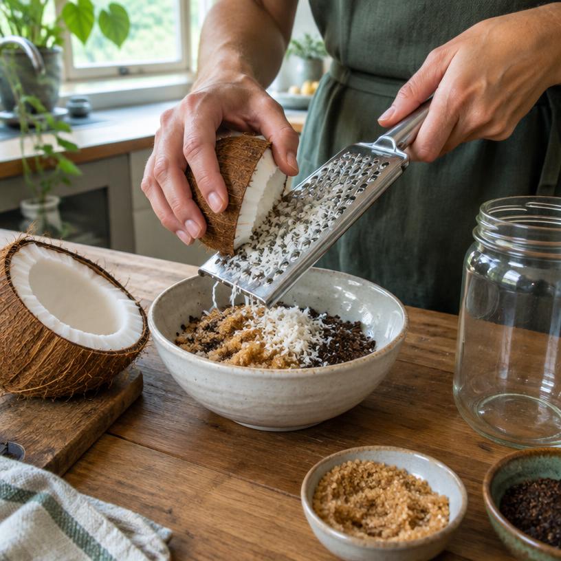 Mãos ralando coco para preparar esfoliante caseiro