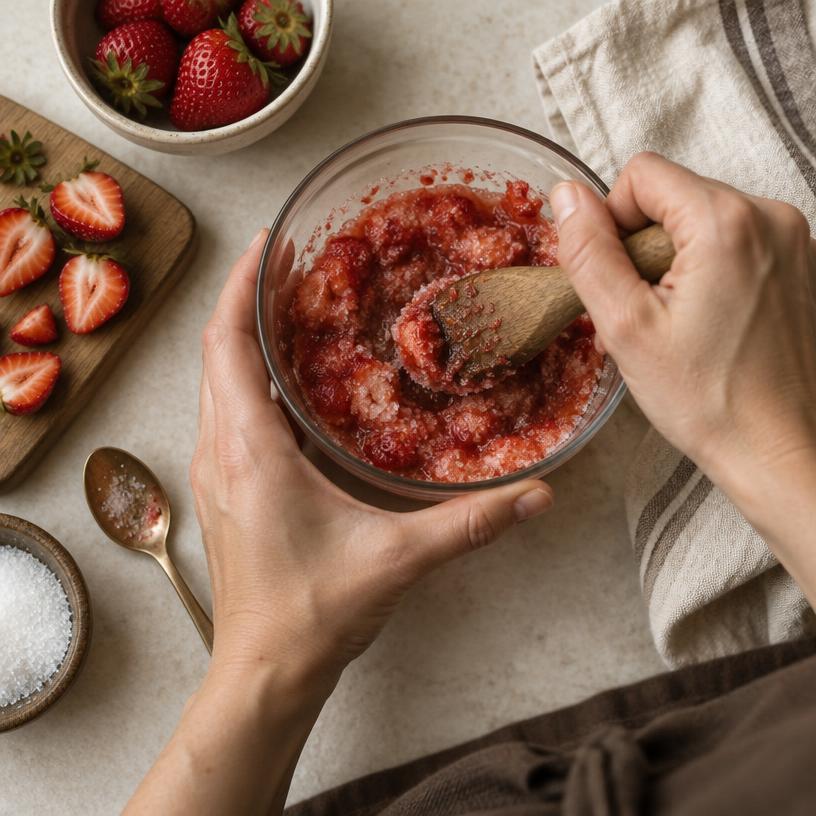 Mãos misturando frutas e açúcar para esfoliante caseiro