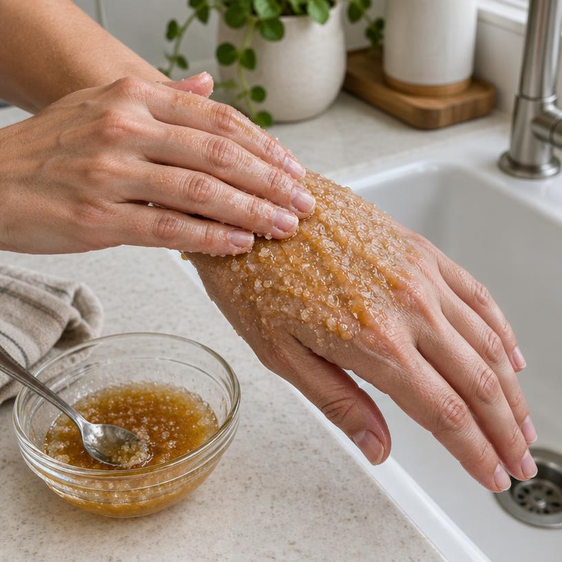 Esfoliante de açúcar e mel aplicado nas mãos