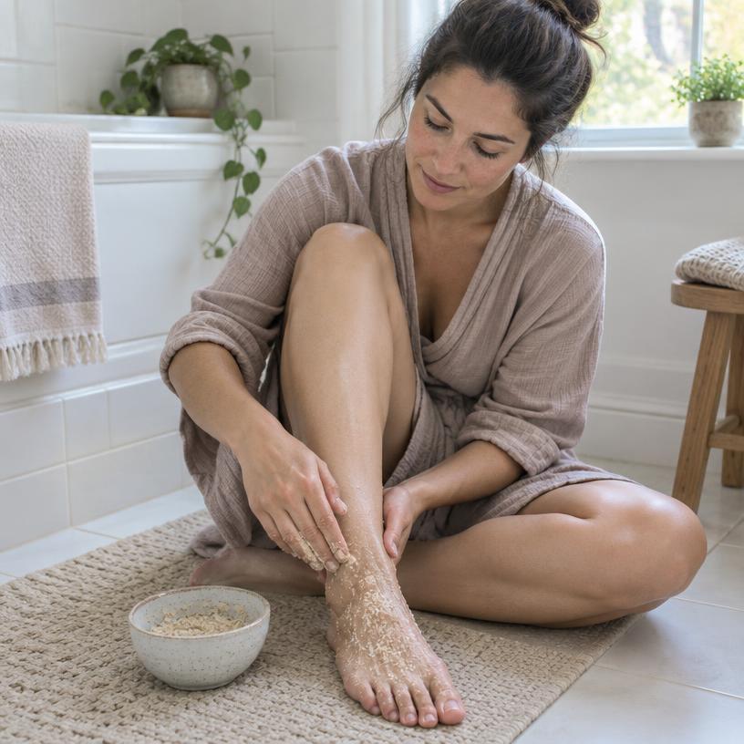 Mulher cuidando dos pés com esfoliante em casa